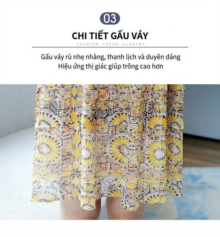 Váy Suông Nữ Mùa Hè Họa Tiết Hoa Nhỏ Dáng Rộng Che Khuyết Điểm Chất Liệu Voan Màu Vàng, Trắng chi tiết 4