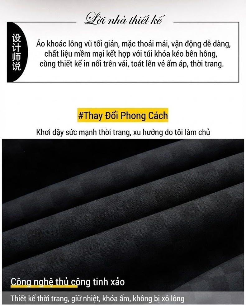 Áo Khoác Phao Nam Cổ Bẻ Dáng Rộng Lót Lông Vũ Giữ Ấm Màu Xám, Xanh Rêu chi tiết 2