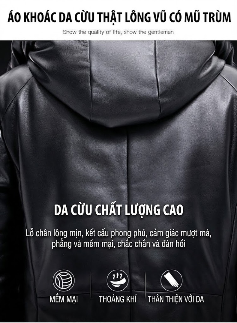 Áo Khoác Phao Nam Da Cừu Dáng Dài Vừa Có Mũ Trùm Đầu Giữ Ấm Màu Đen chi tiết 3
