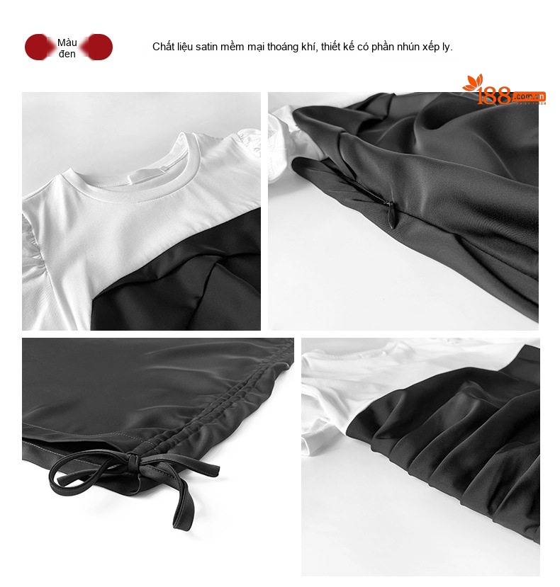 Váy liền thân Nữ Tay Ngắn Chất Liệu Axetat Satin Phối Nhún Eo Thon Dáng Ngắn Màu Đen, Trắng Kem chi tiết 5