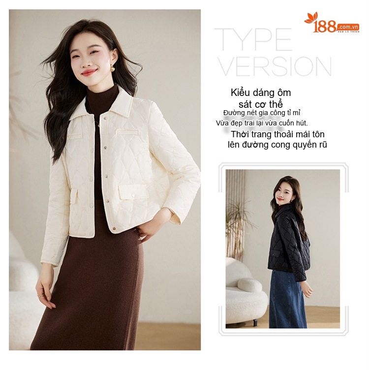 Áo Khoác Cotton Chần Bông Dáng Ngắn Cổ Bẻ Phong Cách Tiểu Thư Màu Nâu, Trắng, Đen chi tiết 3