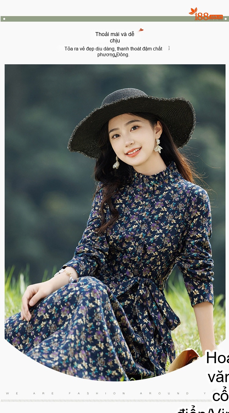 Váy Dài Tay Lỡ Nữ Cổ Trụ Họa Tiết Hoa Vintage Thoáng Mát chi tiết 5