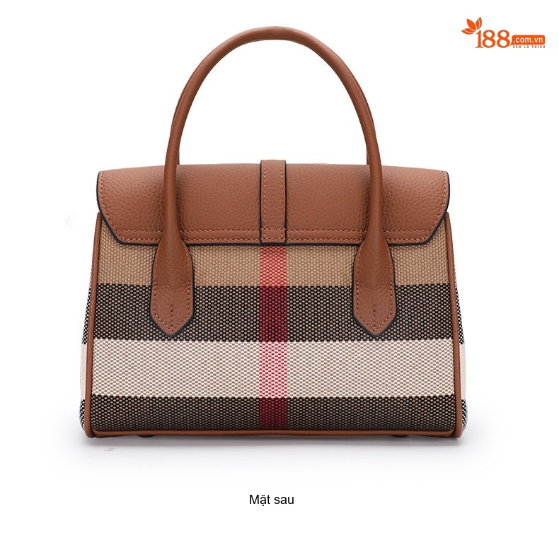 Túi Tote Nữ Da Bò Kết Hợp Vải Bố Họa Tiết Kẻ Sọc Thời Trang Màu Nâu Caramel chi tiết 16