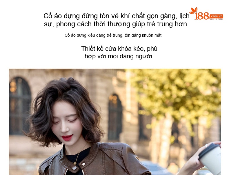 Áo Khoác Da Kiểu Bomber Nữ Dáng Ngắn Da Bóng Màu Đen, Nâu chi tiết 6