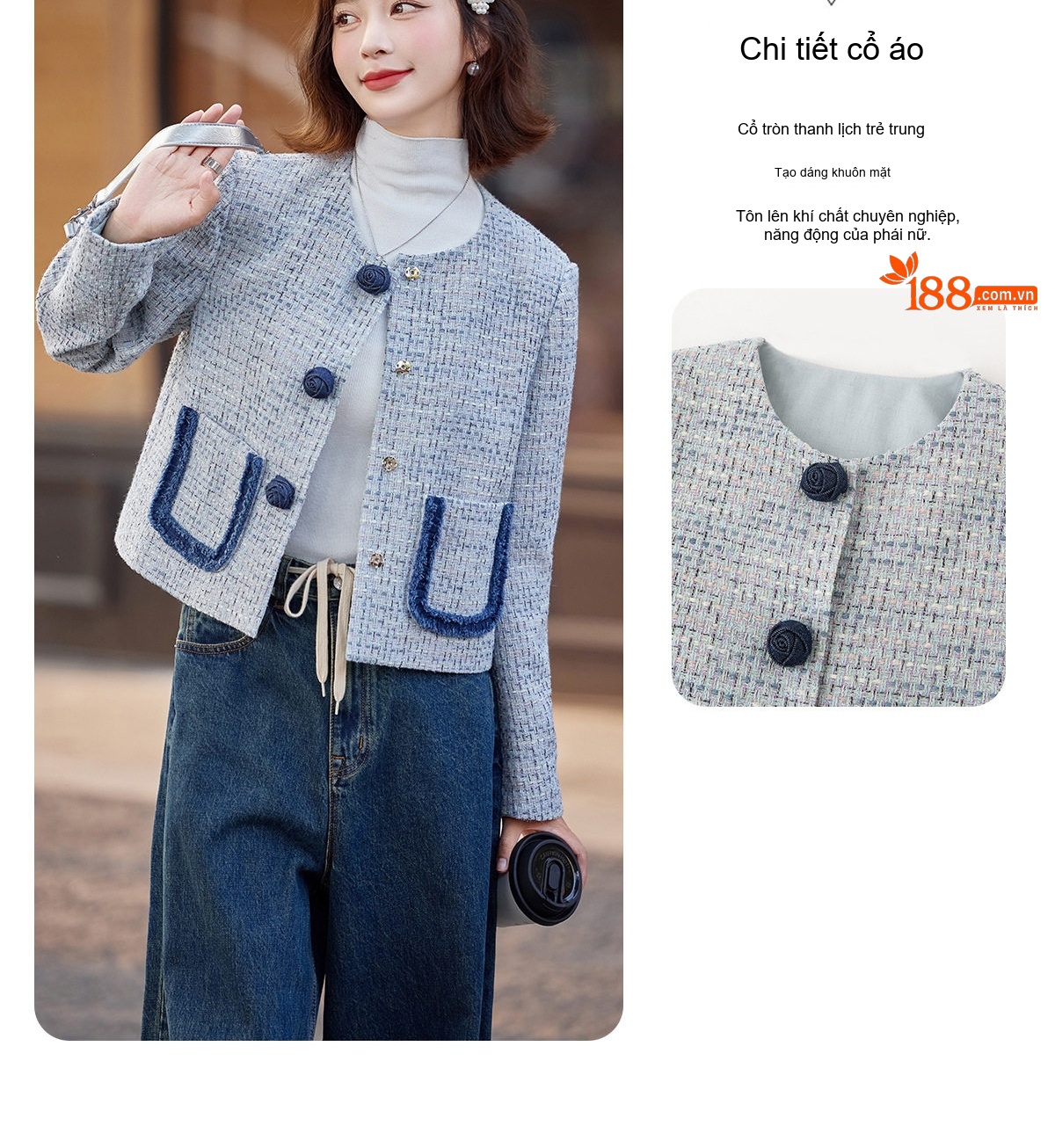 Áo Khoác Nữ Tweed Xanh Lam Cổ Tròn Đính Nút Hoa Phong Cách Tiểu Thư chi tiết 9