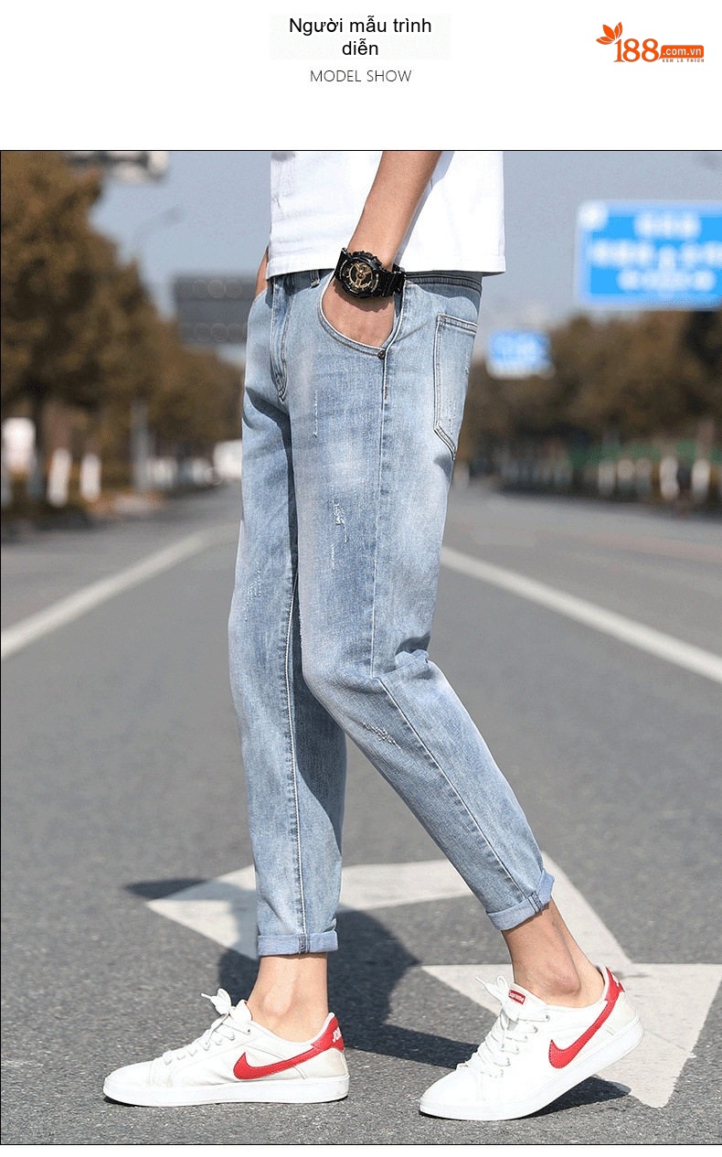Quần Jean Nam Dáng Slim Fit Ống Lửng Phong Cách Casual Màu Xanh chi tiết 5