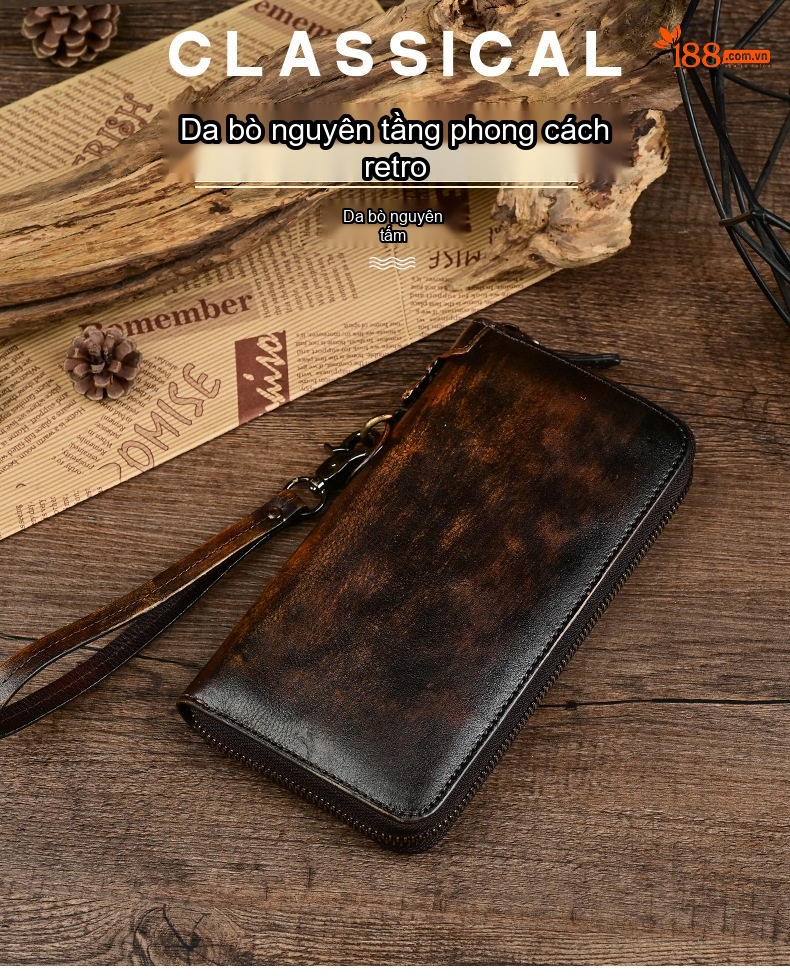 Ví Cầm Tay Nam Da Bò Khóa Kéo Phong Cách Retro Màu Nâu Đen chi tiết 1