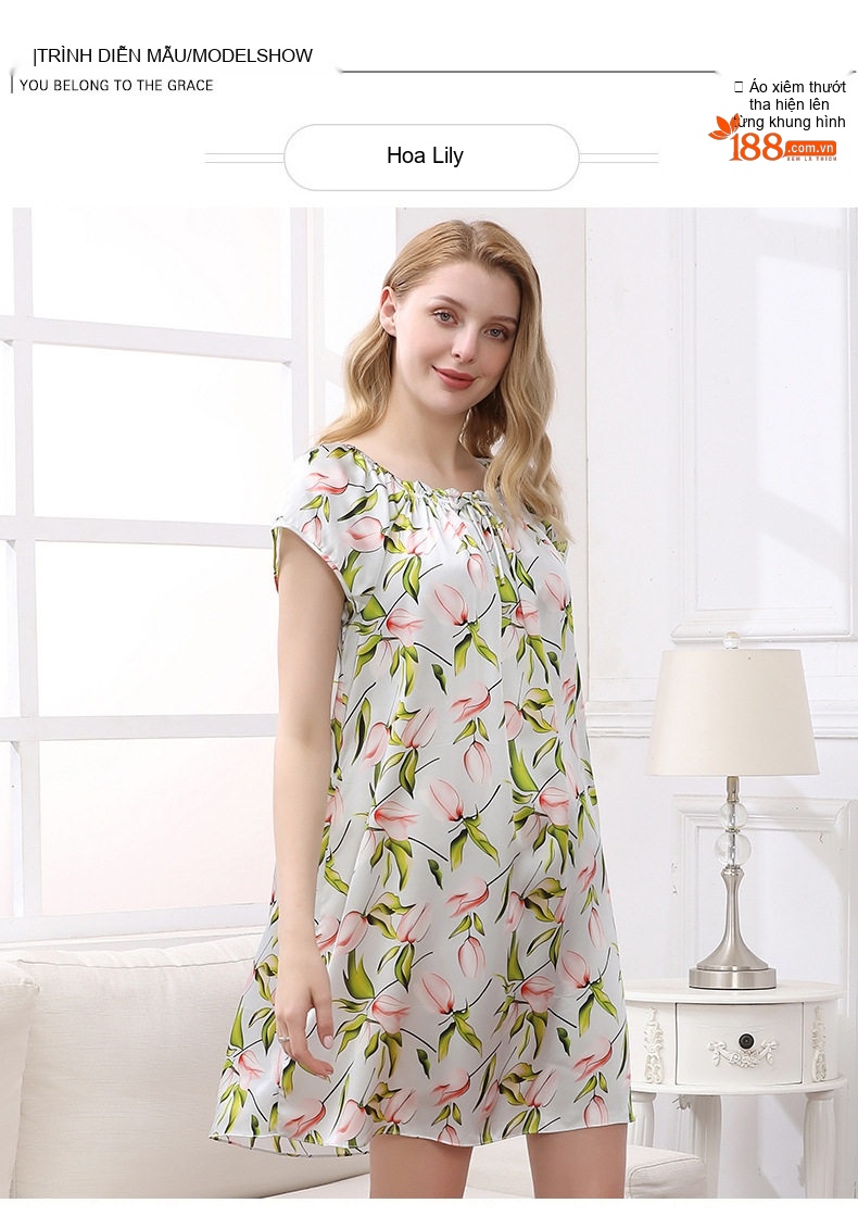 Váy Ngủ Nữ 100% Tơ Tằm Mùa Hè, Mùa Xuân, Dáng Rộng, In Hoa chi tiết 3