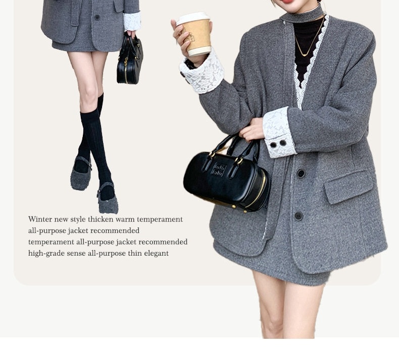 Bộ Áo Blazer Quần Short Nữ Vải Lông Cừu Phong Cách Tiểu Thư Hàn Quốc Lót Lông Vũ Dày Dặn Màu Xám chi tiết 5