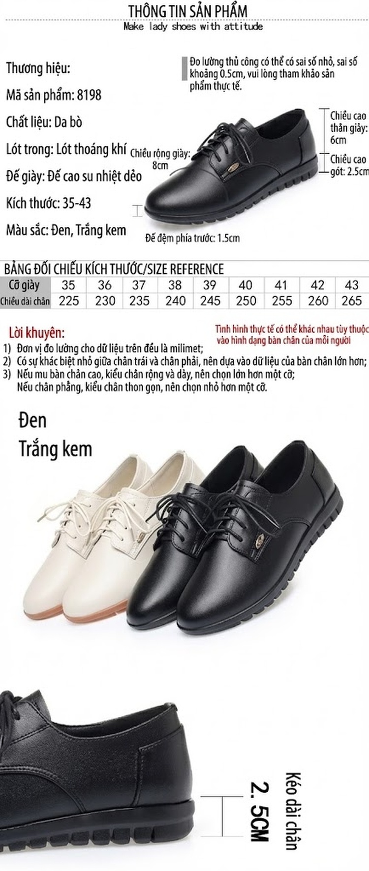 Giày Da Nữ Buộc Dây Da Mềm Đế Mềm Chiều Cao Đế Khoảng 2cm Màu Đen, Trắng chi tiết 1