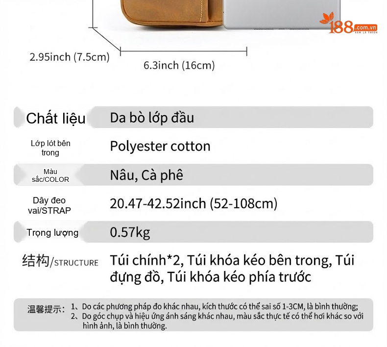Túi Đeo Chéo Nam Da Mờ Phong Cách Retro Cao Cấp Màu Nâu chi tiết 20