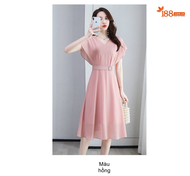 Váy Liền Thân Nữ Cổ chữ V Tay Ngắn Thanh Lịch Màu Đen, Tím, Hồng chi tiết 16