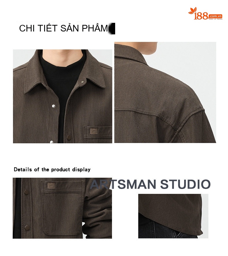 Áo Sơ Mi Nam Dài Tay Vải Cotton Nhung Gân 310g Phong Cách Retro Mỹ Form Rộng Màu Đen chi tiết 4