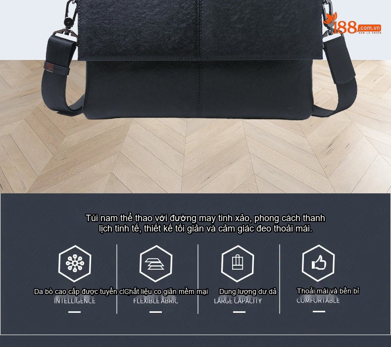 Túi Đeo Vai Nam Da Bò Phong Bì Thời Trang Công Sở Ipad Mỏng Nhẹ Màu Đen chi tiết 2