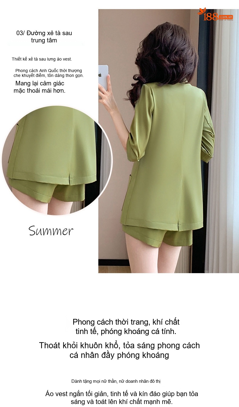 Bộ Vest Nữ Mùa Hè Áo Blazer Tay Lỡ Quần Short Ống Rộng Màu Xanh Lá, Kaki chi tiết 8
