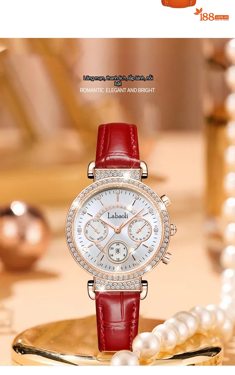 Đồng Hồ Nữ LabaoLi Dây Da Mặt Đính Đá Thời Trang Màu Cam, Đỏ, Xanh Lá, Trắng... chi tiết 6
