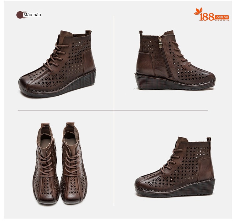 Boot Nữ Cổ Cao Da Mờ Khoét Lỗ Thoáng Khí Chiều Cao Đế Khoảng 4cm Màu Nâu, Xám chi tiết 17