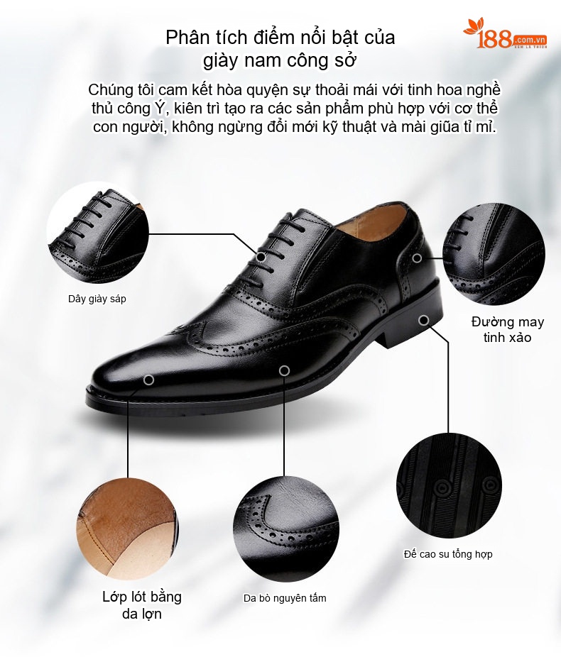 Giày Tây Buộc Dây Nam Da Bò Brogue Chiều Cao Đế Khoảng 3cm Màu Đen, Nâu chi tiết 2