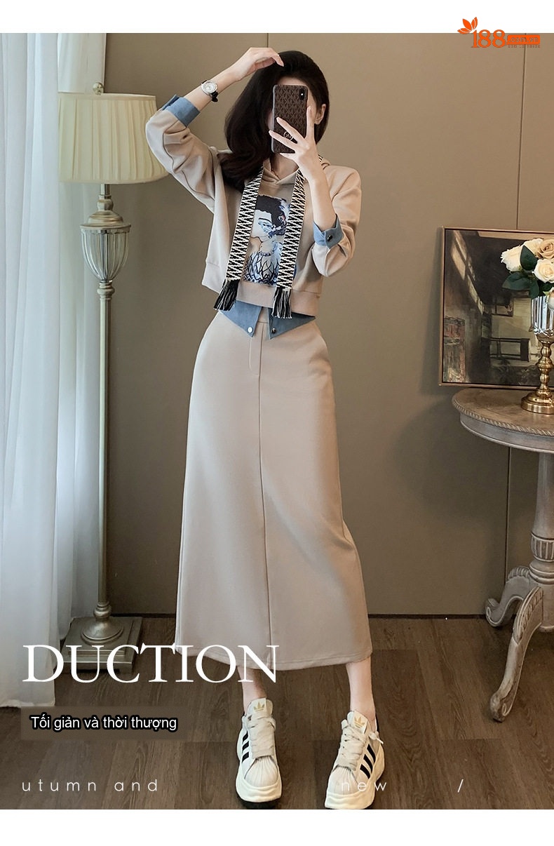 Set Bộ Áo Hoodie và Chân Váy Dáng Dài Nữ Lót Lông Dày Dặn Phong Cách Thời Trang Màu Be chi tiết 1