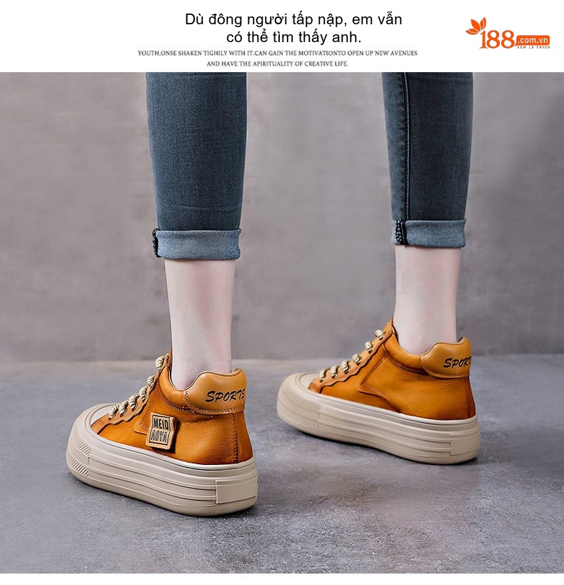 Giày Cao Cổ Nữ Da Bò Đế Bánh Mì Chiều Cao Đế Khoảng 4cm Màu Vàng, Nâu, Đỏ chi tiết 14