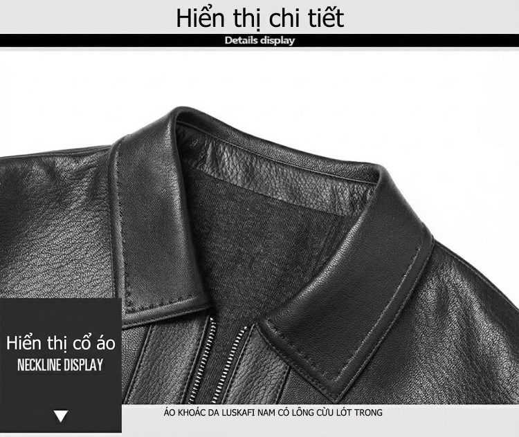Áo Khoác Da Thật Nam Cổ Bẻ Dáng Ngắn Màu Đen chi tiết 7