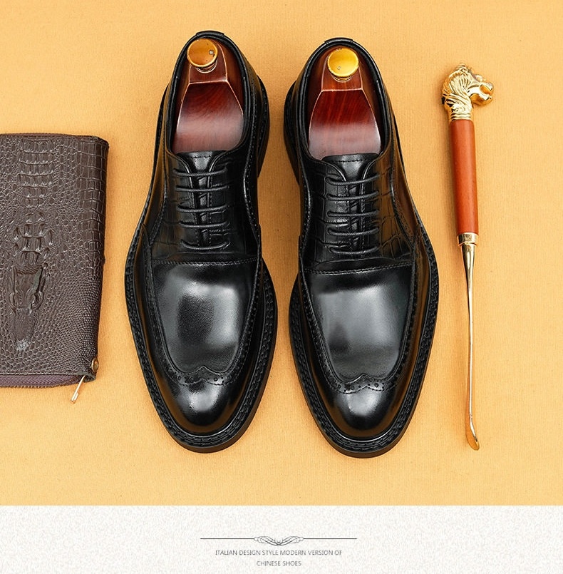 Giày Tây Mũi Nhọn Nam Da Thật Vân Cá Sấu Brogue Chiều Cao Đế Khoảng 3cm Màu Đen, Nâu chi tiết 4