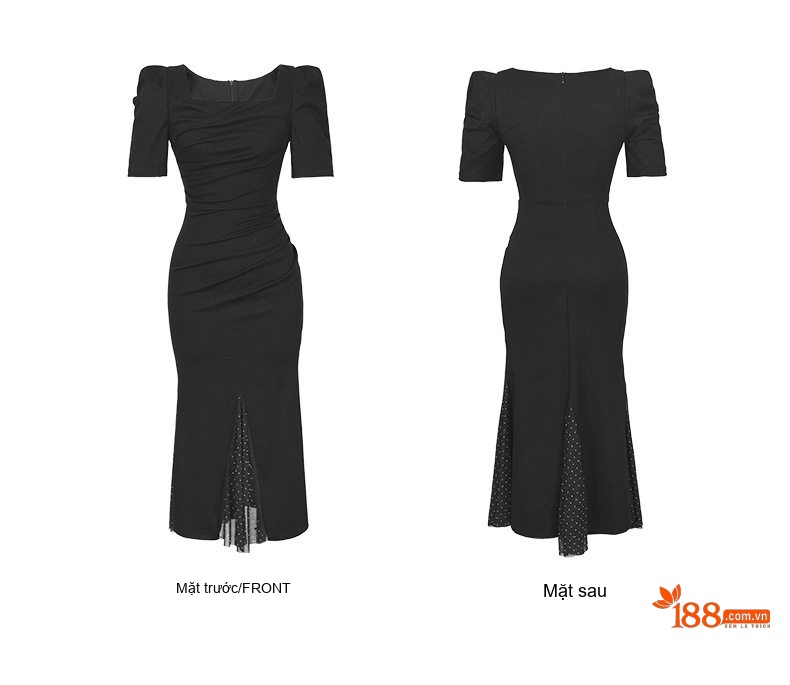 Váy Đầm Ôm Body Nữ Cổ chữ Vuông Tay Phồng Dáng Dài Xẻ Tà Màu Đen chi tiết 6
