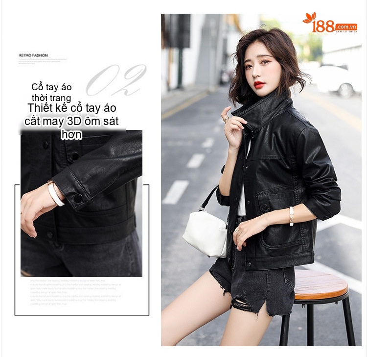 Áo Khoác Da Thật Nữ Kiểu Bomber Ngắn Màu Đen, Nâu chi tiết 8