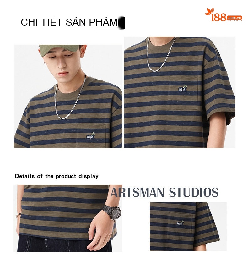 Áo Thun Nam Tay Ngắn Cotton Họa Tiết Sọc Ngang Form Rộng Màu Xanh Olive, Trắng chi tiết 4