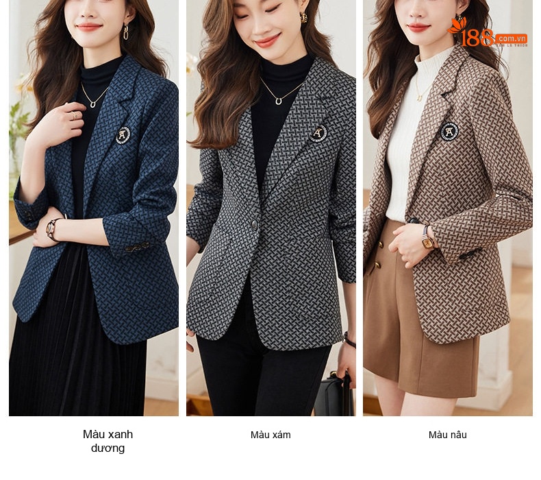 Áo Blazer Nữ Thu Đông Dáng Ôm Họa Tiết Caro Màu Xám, Nâu chi tiết 5