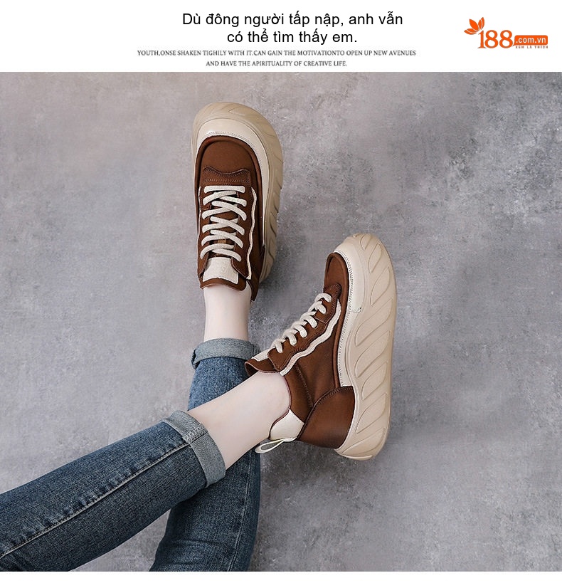 Giày Cao Cổ Nữ Da Bò Buộc Dây Chiều Cao Đế Khoảng 5cm Màu Nâu, Vàng chi tiết 14