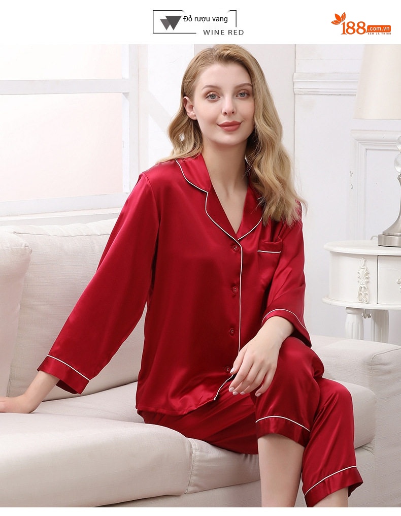 Bộ Đồ Ngủ Lụa Tơ Tằm 100% Tay Dài Quần Dài Nữ Mặc Nhà Màu Hồng, Đỏ, Xám, Xanh Navy chi tiết 16
