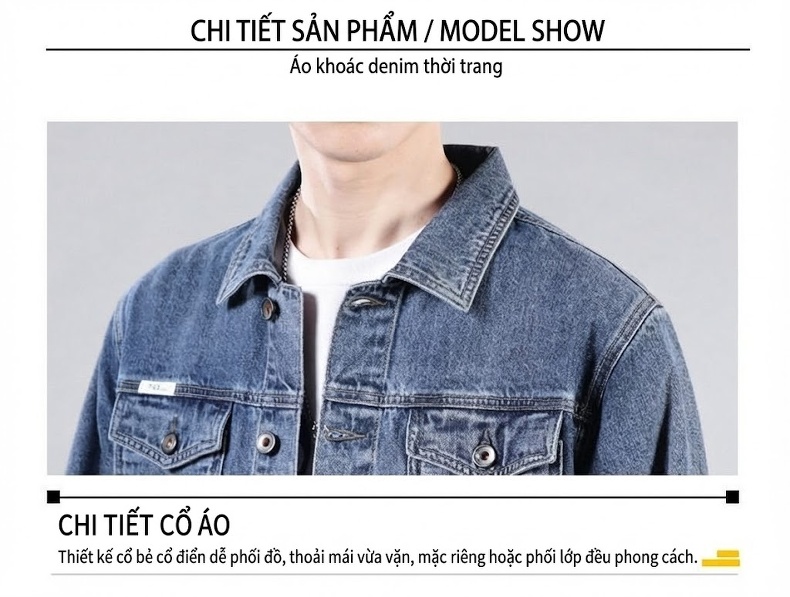 Áo Khoác Jean Nam Cổ Điển Dáng Đứng Phong Cách Thời Trang Màu Xanh Denim chi tiết 15