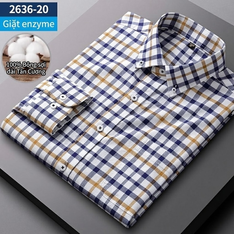 Áo Sơ Mi Nam Tay Dài Cotton Oxford Giặt Nước Kẻ Caro Mặc Đơn Giản Lót Trong Công Sở Màu Trắng, Xanh Dương, Xám, Hồng...