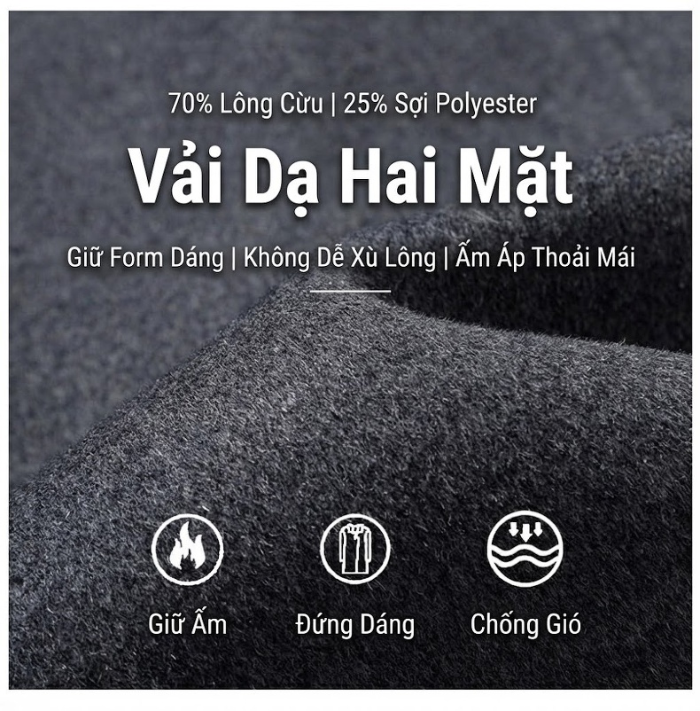 Áo Khoác Dạ Nam Lót Lông Vũ Cổ Khăn Choàng Tháo Rời Màu Đen, Nâu, Xám chi tiết 3