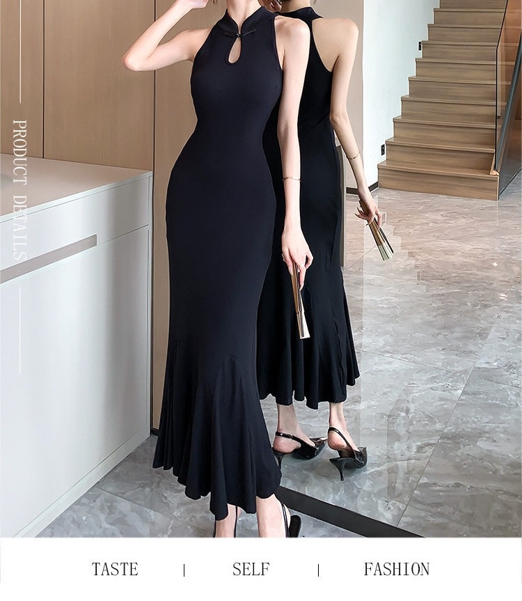 Váy Đầm Nữ Cổ Tàu Cách Tân Xẻ Ngực Dáng Ôm Body Đuôi Cá Phong Cách Trung Hoa Màu Đen chi tiết 2