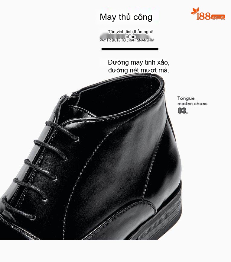 Giày Boot Martin Nam Cổ Thấp Da Bóng Chiều Cao Đế Khoảng 3cm Màu Đen chi tiết 4