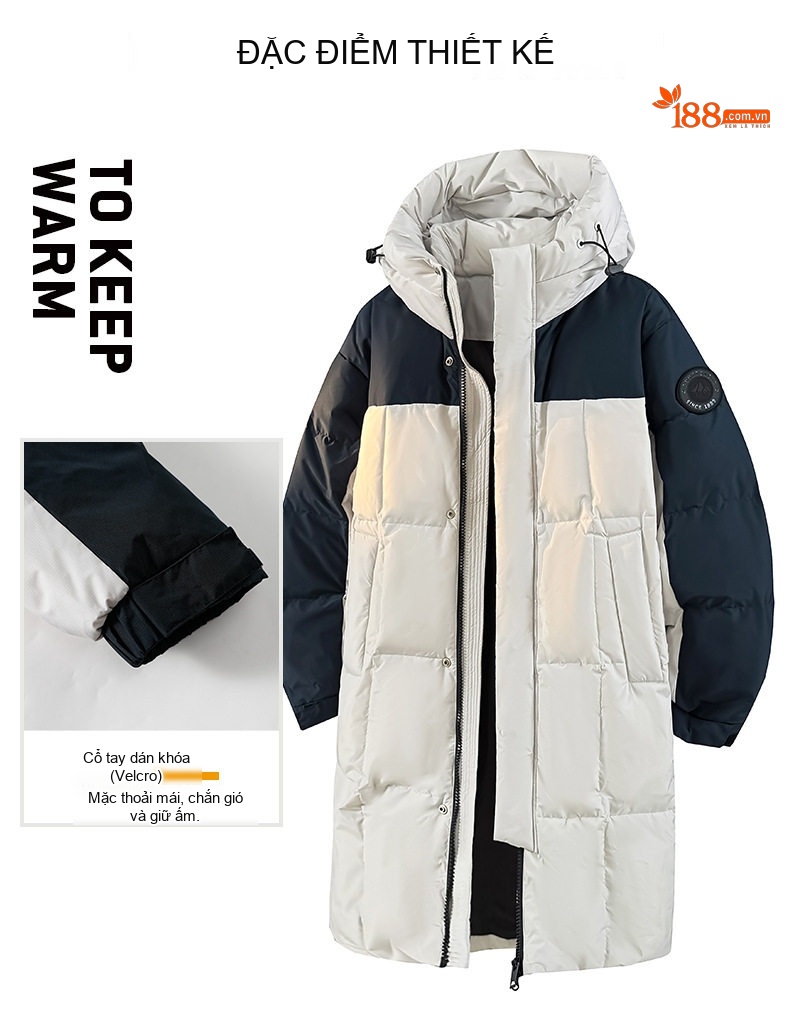 Áo Phao Dáng Dài 90% Lông Vịt Trắng Mũ Trùm Đầu Dày Dặn Phong Cách Unisex Màu Đen, Trắng, Xanh Navy chi tiết 4