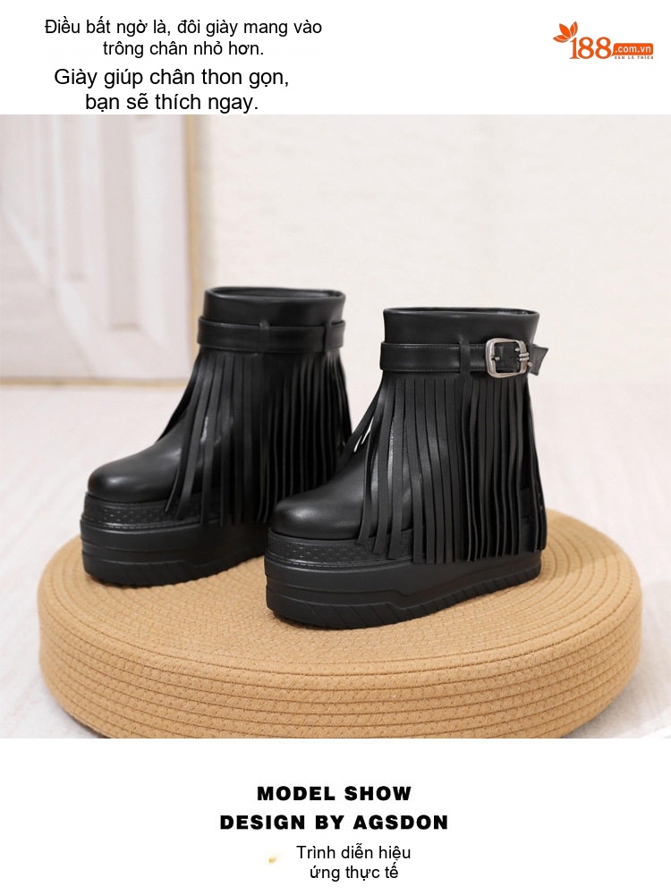 Boot Nữ Cổ Ngắn Da Bóng Tua Rua Chiều Cao Đế Khoảng 5cm Màu Vàng, Đen chi tiết 3