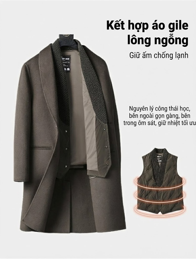 Áo Khoác Dạ Nam Dáng Dài Thu Đông Cổ Bẻ Lớn Chất Liệu Lông Cừu Màu Đen, Nâu, Xám chi tiết 5