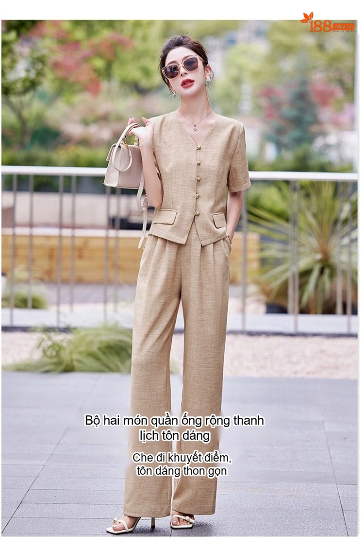 Bộ Quần Áo Nữ Cotton Linen Thiết Kế Áo Vest Tay Ngắn Quần Ống Rộng Phong Cách Thanh Lịch Màu Be, Xám chi tiết 4
