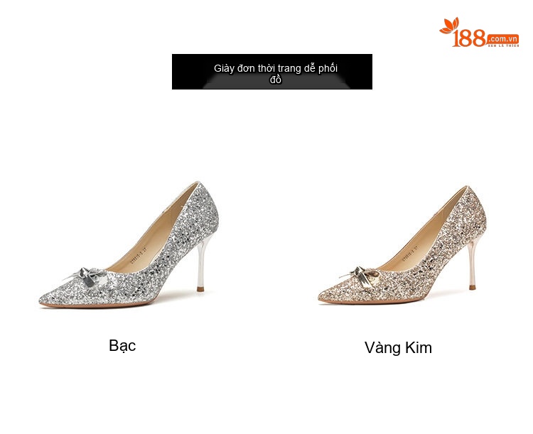 Giày Cao Gót Nữ Gót Nhọn Chiều Cao Đế 8cm Hở Mũi Đính Kim Tuyến Nơ Bướm Màu Bạc chi tiết 3