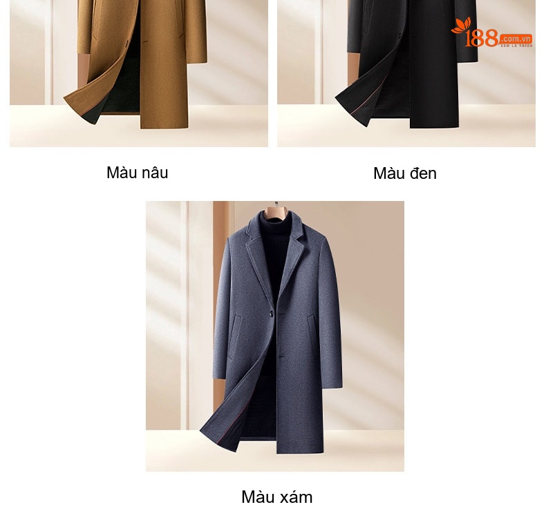 Áo Khoác Dạ Nam Dáng Dài Vừa Vặn Cổ chữ Vest Lông Cừu Dày Dặn Màu Đen, Nâu, Xám Xanh chi tiết 13