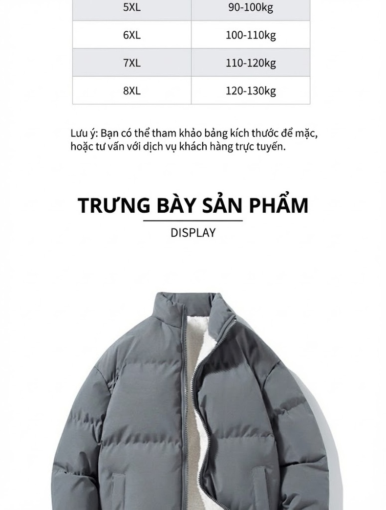 Áo Khoác Phao Nam Lông Cừu Non Dày Dặn Cổ Trụ Thời Trang Thu Đông Màu Xám, Trắng, Đen chi tiết 5
