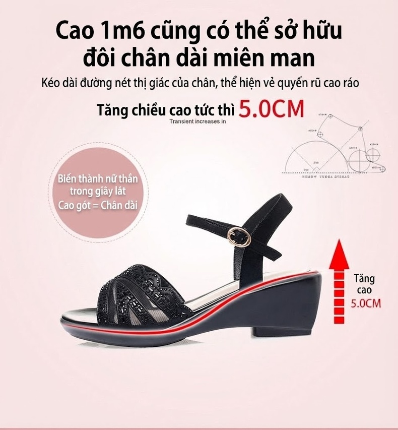 Dép Sandal Nữ Quai Hậu Đế Xuồng Da Mềm Đế Cao 5cm - 6cm Màu Vàng, Đen chi tiết 5