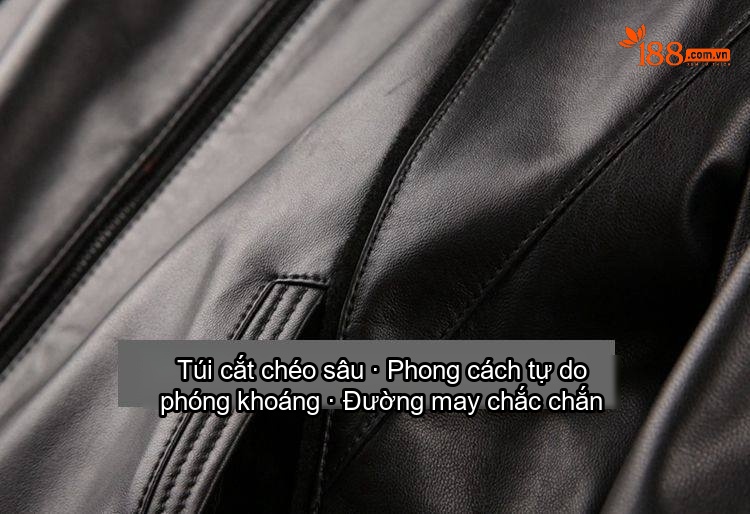 Áo Khoác Da Thật Nam Dáng Ôm Cổ Trụ Màu Đen chi tiết 8