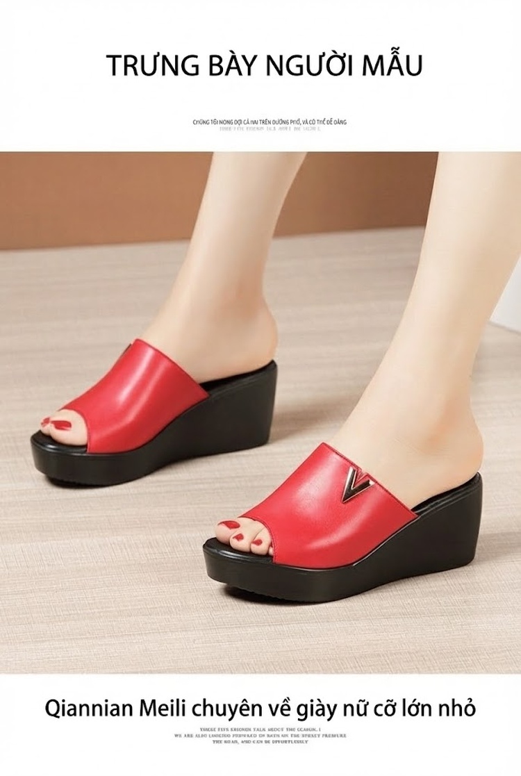 Dép Quai Ngang Nữ Da Bò Đế Xuồng Chiều Cao Đế Khoảng 6cm Màu Đỏ, Đen chi tiết 7