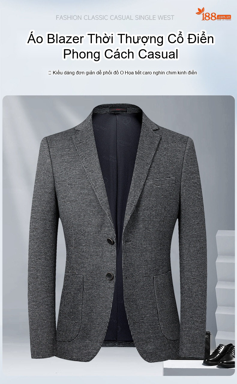 Áo Vest Blazer Nam Họa Tiết Chân Chim Co Giãn Chống Nhăn Dáng Ôm Vừa Vặn Màu Xám chi tiết 1