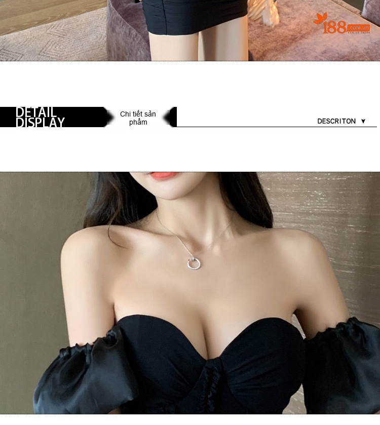 Váy Ôm Body Hở Vai Cổ Chữ U Tay Bồng Xẻ Lưng Dáng Ngắn Màu Đen chi tiết 10