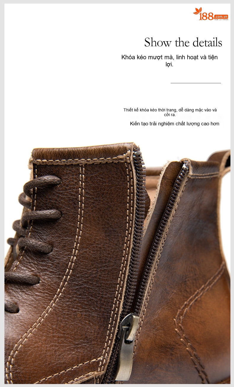 Giày Boot Martin Nam Da Bò Cổ Lửng Khóa Kéo Phong Cách Anh Chiều Cao Đế Khoảng 4cm Màu Nâu, Đen chi tiết 10